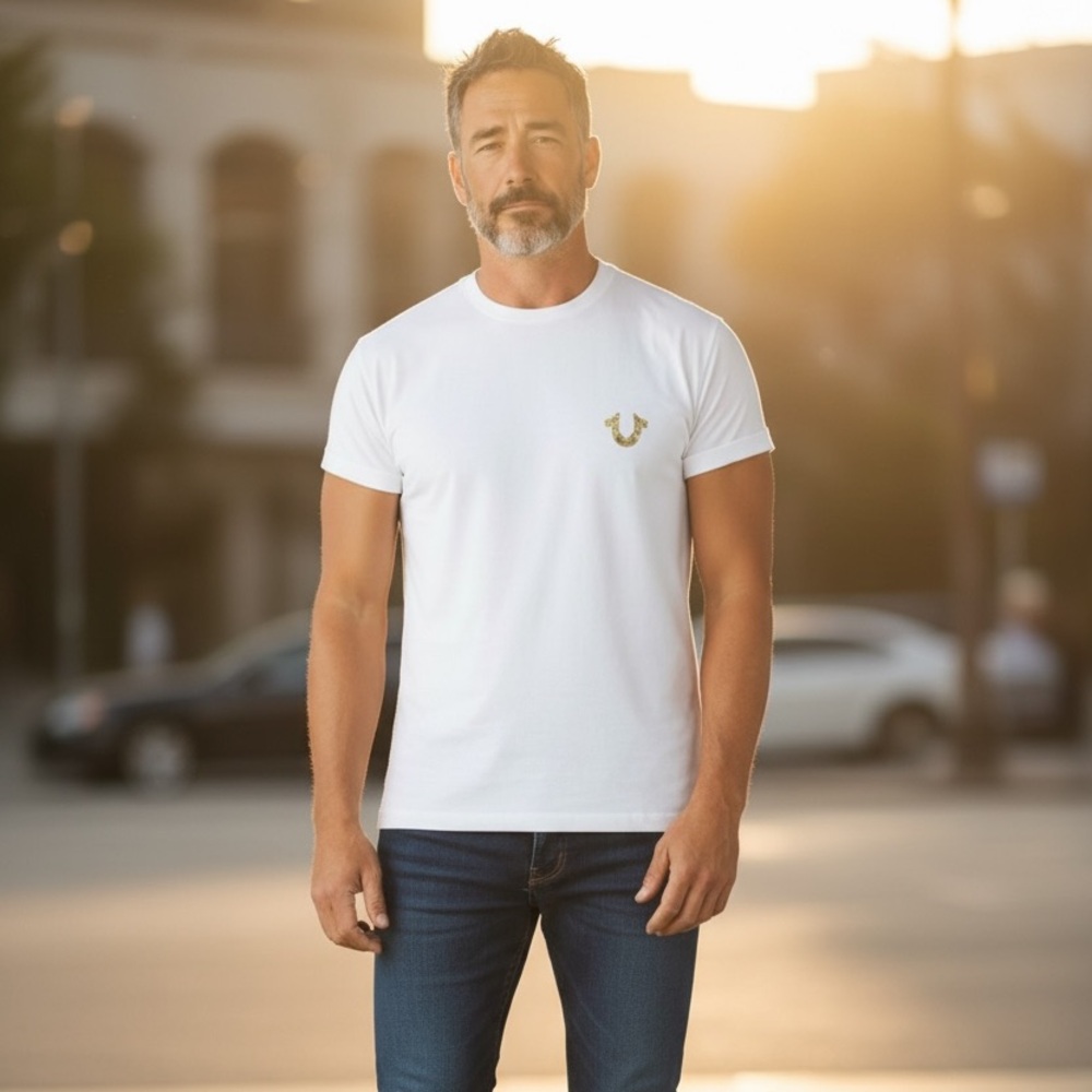MEN'S TRUE RELIGION GOLD OUTLINE BUD BUDDHA LOGO WHITE T-SHIRT BNWT RARE